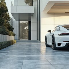 Sleek white sports car parked in a modern driveway beside a luxury home, showcasing contemporary architecture and design.