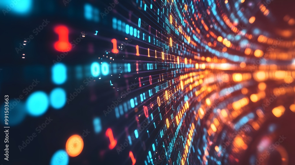 Poster abstract binary code with blue and orange lights