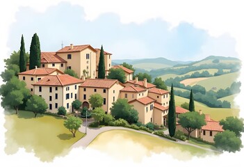 Obraz premium hand drawn watercolor painting of beautiful medieval village. landscape painting with buildings, house, brick wall,roof,farm land, hill, trees, lavender fields and bright blue sky for print, etc 