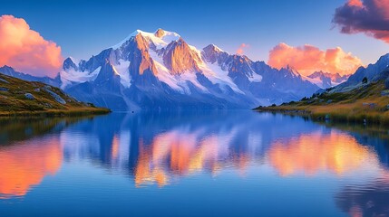 Fototapeta premium Majestic French alps landscape of Lac Blanc with Mont Blanc mountain range reflected on lake in the sunset at Haute Savoie Chamonix France : Generative AI