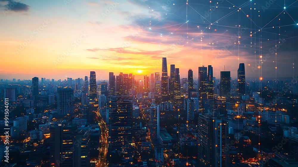 Poster modern cityscape and communication network concept telecommunication iot internet of things ict info