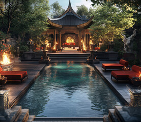 a luxurious outdoor setting inspired by traditional Asian architecture and design. The scene features a serene swimming pool flanked by elegant red loungers, leading up to an ornate pavilion
