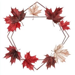Fototapeta premium Colorful autumn leaves in a decorative hexagonal frame on a white background.