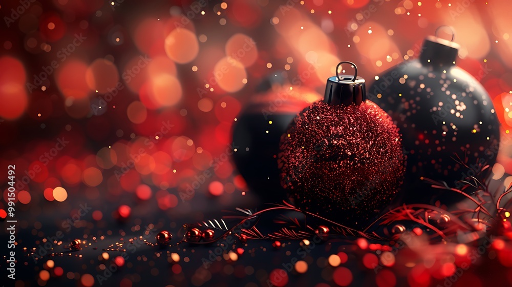 Aufkleber a close-up of shimmering red and black christmas ornaments with sparkling bokeh, creating a festive 