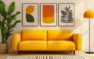 Artistic living room featuring yellow sofa, gallery wall, bright decor, warm lighting, ultra-detailed, 8K resolution, cozy and creative home design