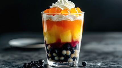 A glass of bubble tea with layers of colorful fruit, topped with whipped cream, and a sprinkle of tapioca pearls, creating a visually appealing dessert drink.