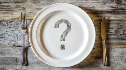 White plate with a bold question mark in the center, accompanied by a fork and knife on each side, representing culinary uncertainty