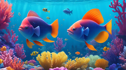 Naklejka premium Illustration 3d render cartoon fishes colorful underwater background high quality design.