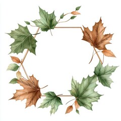 Colorful leaf wreath with green and brown leaves on a white background.