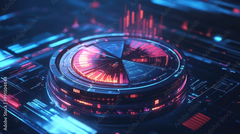 Poster a glossy 3d pie chart with detailed texture on each segment, floating in a digital interface with fu