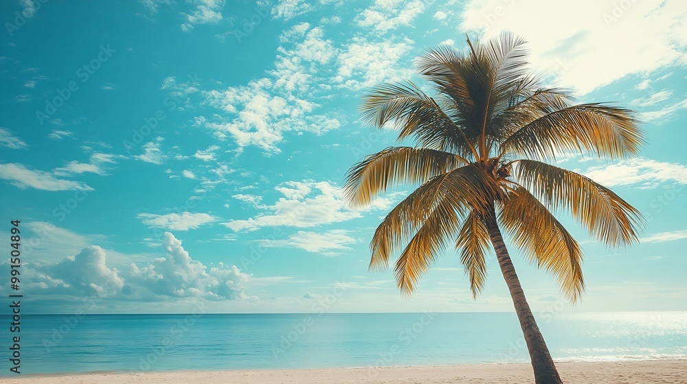 Poster palm tree on tropical beach with blue sky and white clouds abstract background copy space of summer 