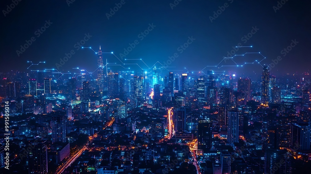 Poster Modern city with wireless network connection and city scape conceptWireless network and Connection technology concept with city background at night : Generative AI