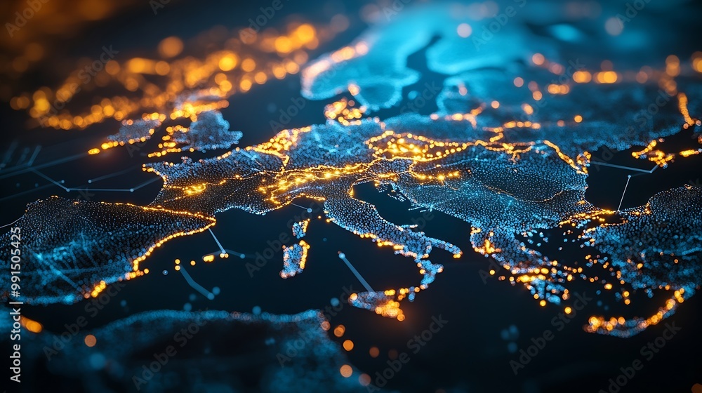 Poster Communication technology with global internet network connected in Europe Telecommunication and data transfer european connection links IoT finance business blockchain security : Generative AI