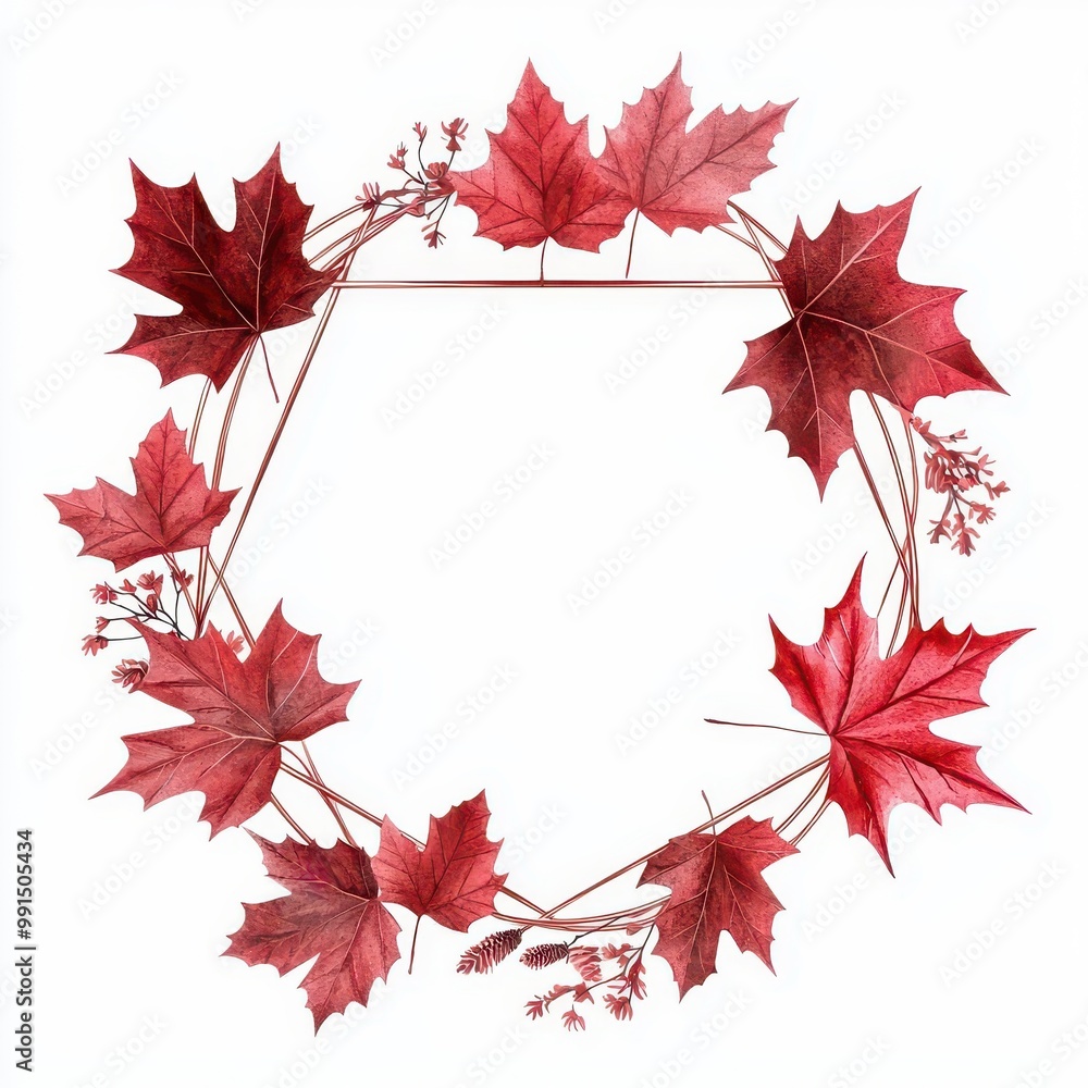 Poster red maple leaves arranged in a circular frame, white isolate background.