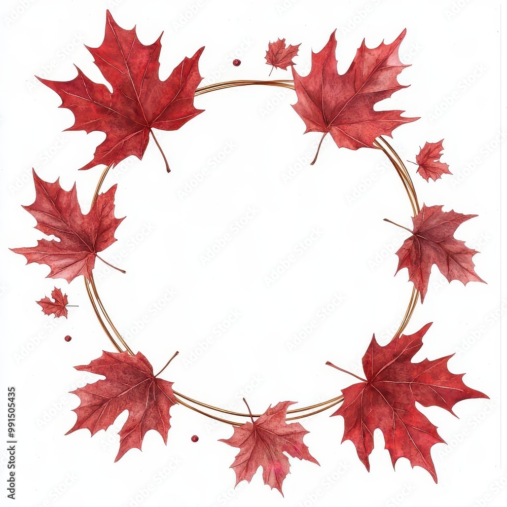 Aufkleber red maple leaves arranged in a circular pattern on a white isolated background.