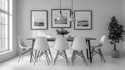 Bright Scandinavian dining room with modern chairs and a wooden table
