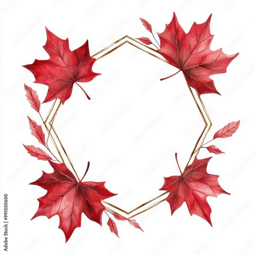 Poster red maple leaves in a hexagon shape with a white background.