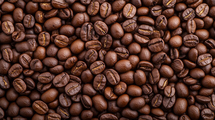 Obraz premium Rich coffee beans spread out, showcasing their deep brown hues and textures