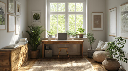 Cozy Scandinavian home office with wooden desk and white walls