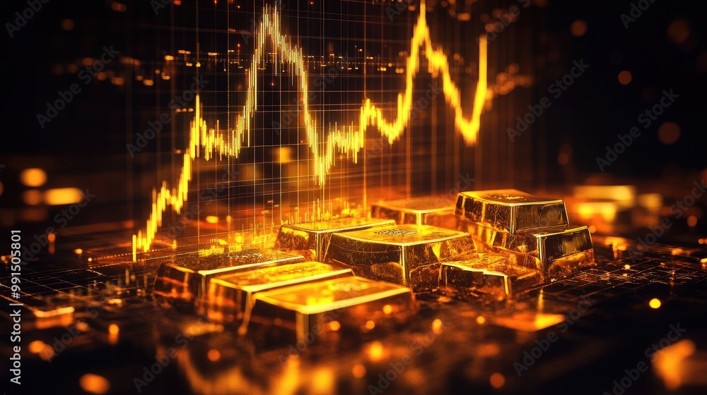 Poster a glowing gold line graph showing the rising price of gold, set against a dark background with data 