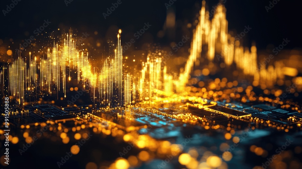 Poster a glowing gold line graph showing the rising price of gold, set against a dark background with data 