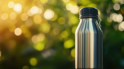 Close-up of a reusable water bottle with a metal finish against a blurred background, leaving space for copy.