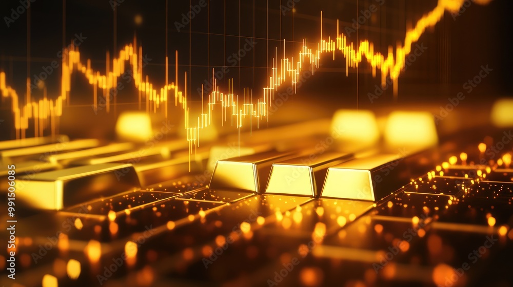 Poster a glowing gold line graph showing the rising price of gold, set against a dark background with data 