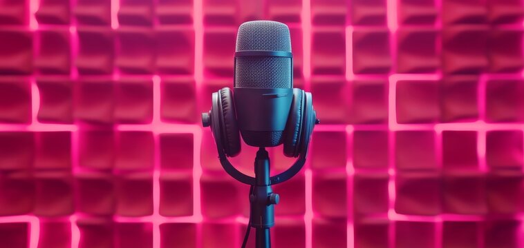 Microphone and headphones in a glowing neon studio, ultra-realistic, 8K resolution, professional audio equipment, vibrant and creative setup