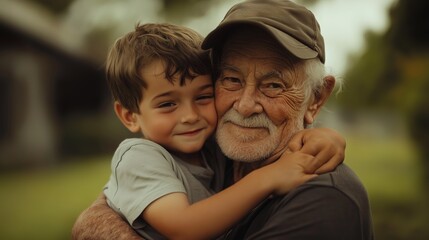 A joyful elder embraces a young boy in a warm outdoor setting during a sunny afternoon in a peaceful garden