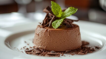 Close-up of a rich and creamy chocolate mousse with a garnish of fresh mint leaves and a few chocolate shavings on a white plate.
