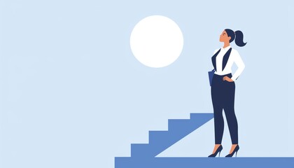 A successful entrepreneur standing in the corporate world, her gaze upward, representing the climb toward success.