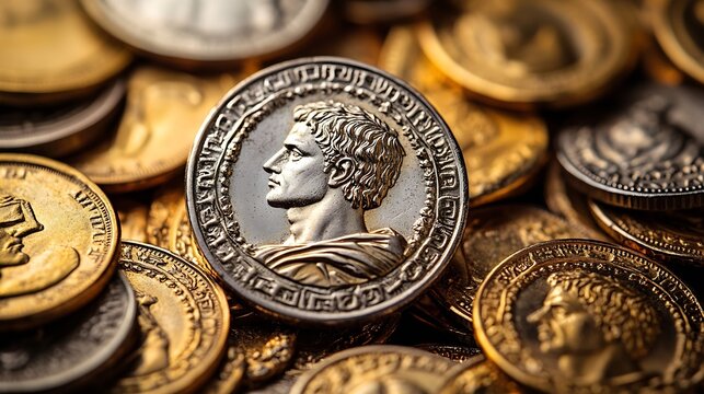 A treasure of Roman gold and silver coinsTrajan Decius AD 249251 AV AureusAncient coin of the Roman EmpireAuthentic  silver denarius antoninianusaureus of ancient RomeAntikvariat : Generative AI