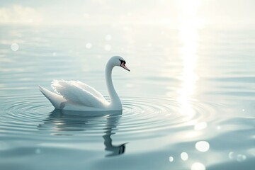 Obraz premium a white swan floating on clear water with soft circle wave and soft light 