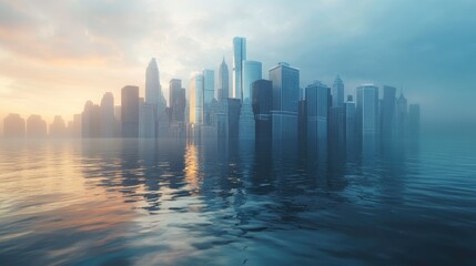 Fototapeta premium Modern city skyline reflecting on water at sunset with misty atmosphere.
