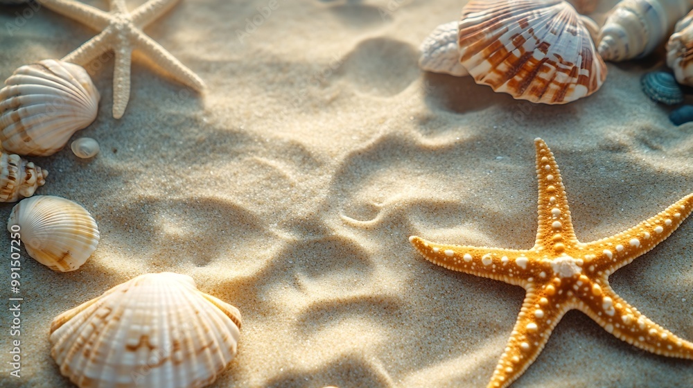 Poster Top view of a sandy beach texture with imprints of exotic seashells and starfish as natural textured background : Generative AI