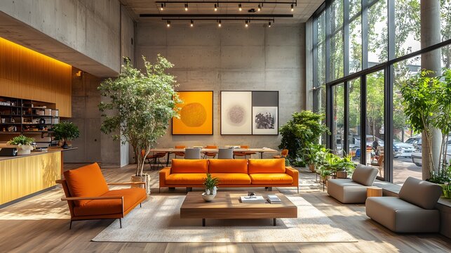 Modern coworking office with collaborative workspaces and sleek design