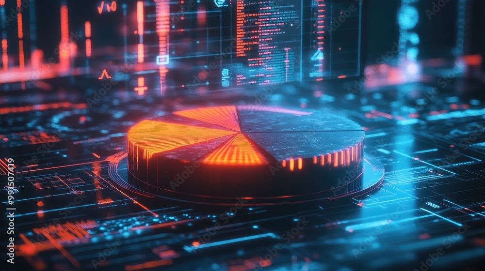 Poster a glossy 3d pie chart with detailed texture on each segment, floating in a digital interface with fu