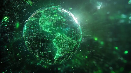 Digital globe with green data visualization on a dark background.