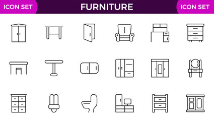 Furniture and home interior elements - thin line web icon set. Outline icons of kitchen, living room, bedroom and office collection.