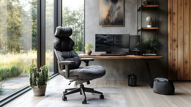 Ergonomic office setup with a dual-monitor stand and adjustable desk