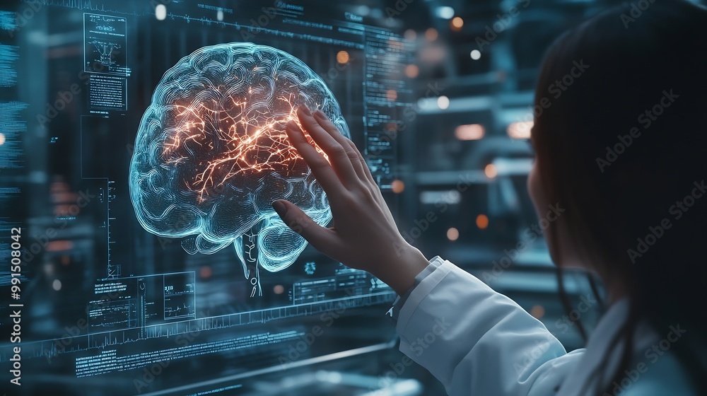 Poster Doctor use robotic and innovative medical technology diagnose and examine patient brain with intelligence software AI Innovation medical healthcare and digital science technology in fu : Generative AI