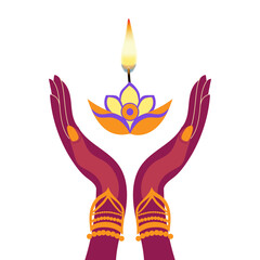 Two hands holding a candle and a flower. The candle is lit, and the flower is purple. Scene is warm and inviting, as the candle and flower symbolize light and beauty