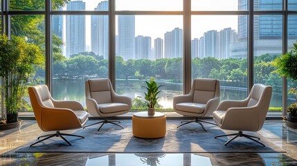 Fototapeta premium Office setup with ergonomic furniture and comfortable seating