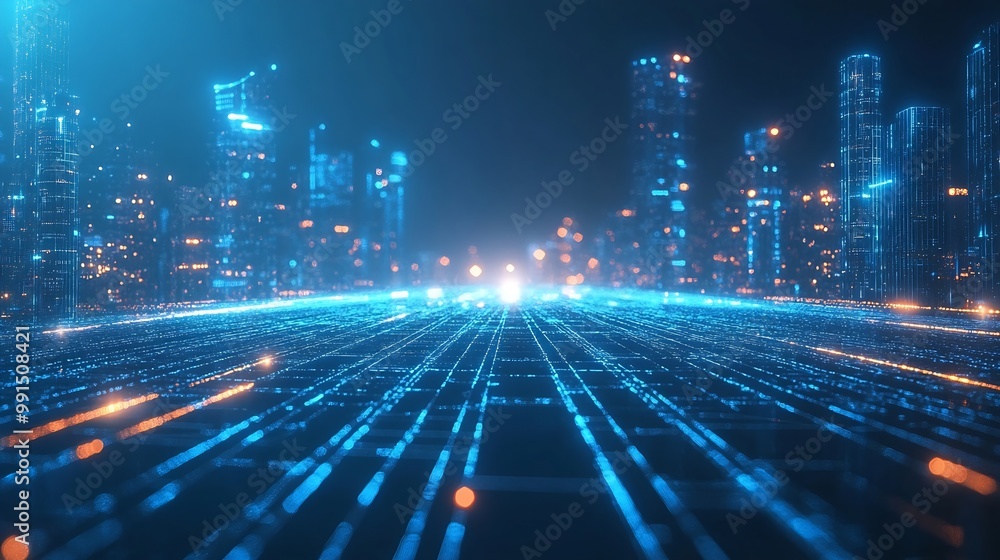 Leinwandbilder Smart city and abstract polygon pattern connection with speed line light big data connection technology concept : Generative AI
