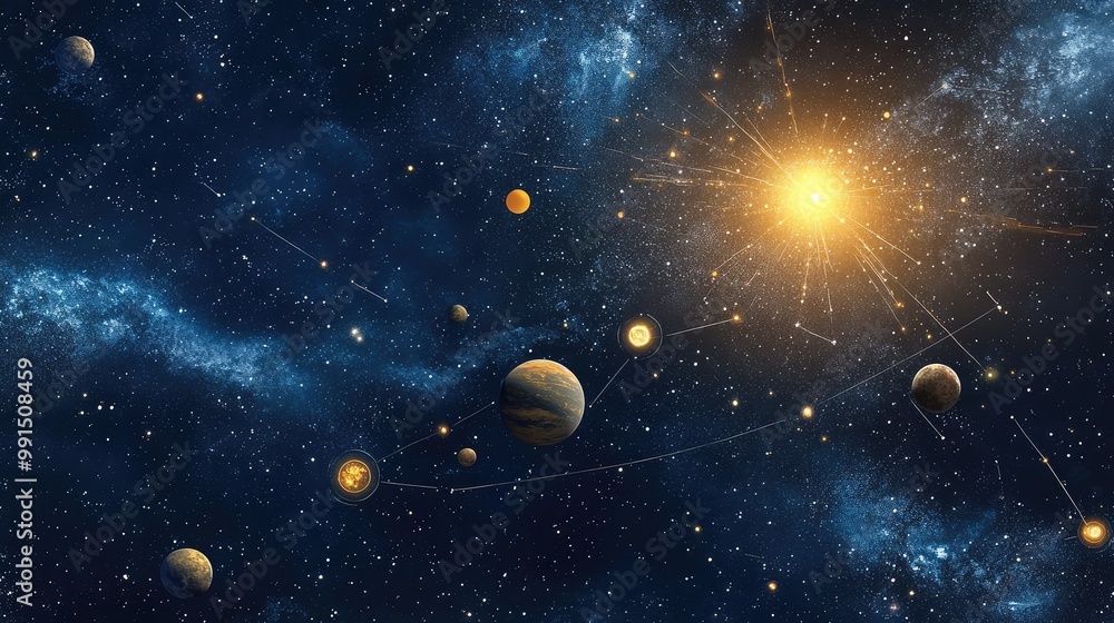 Poster celestial map highlighting the location of exoplanets and stars