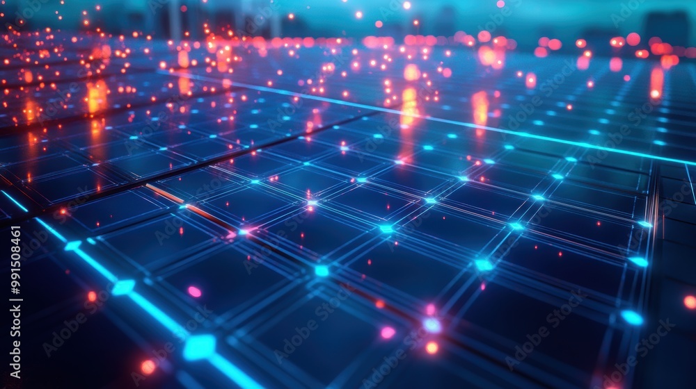 Poster abstract digital pattern with glowing lights on grid surface.