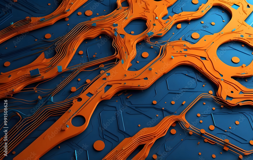Poster closeup of computer circuit board illuminated by glowing orange lines