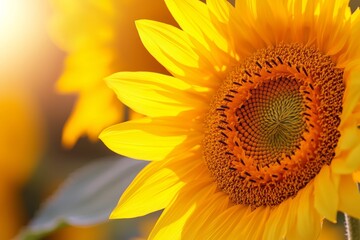 Obraz premium Sunflowers radiating golden light, highway stretching through, ultra-realistic landscape, 8K resolution, sunset glow, sharp focus, tranquil evening atmosphere, stunning clarity