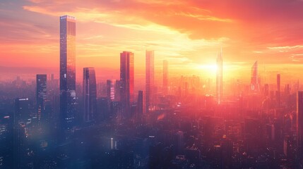 City skyline at sunset with vibrant colors and towering skyscrapers, dramatic atmosphere.