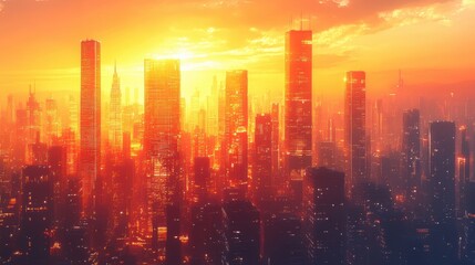 Fototapeta premium City skyline during sunset, showcasing tall skyscrapers against a vibrant sky.